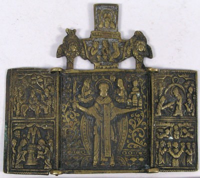 Small Russian Orthodox 3-panel folding travel skladen icon depicting Saint Nicholas of Mozhaisk with Great Feasts on side panels