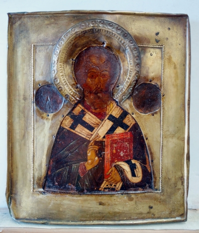 Russian icon - St. Nicholas of Myra in brass oklad cover