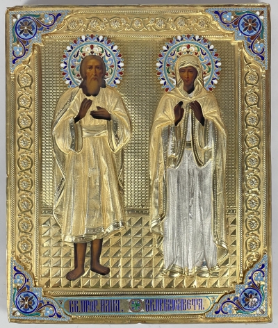 Russian Icon - St. Prophet Elijah &amp; St. Righteous Elizabeth in gilt silver and enamel revetment cover