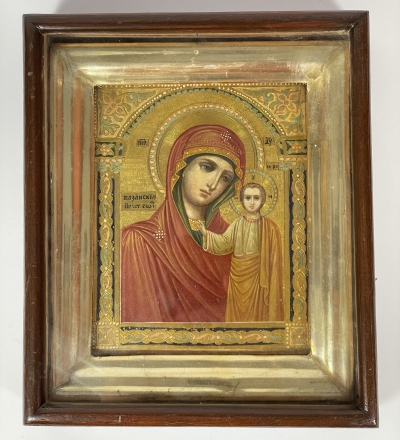 Russian Icon - Our Lady of Kazan in glass-fronted shadowbox kiot frame