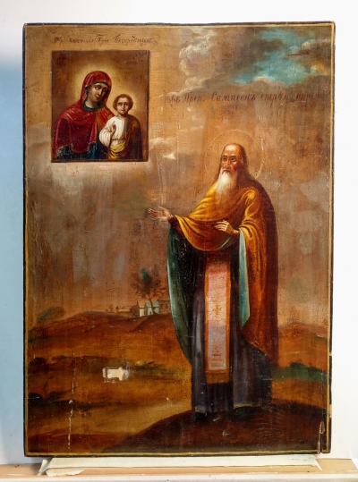 Russian icon - St Venerable Sampson the Hospitable &amp; Miracleworking Madonna