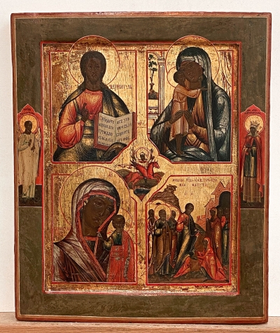 Russian 4-Part Icon: Christ Pantocrator, Seeker of the Perished Mother of God, Our Lady of Kazan, Christ Healing a Bleeding Woman, Archangel Michael