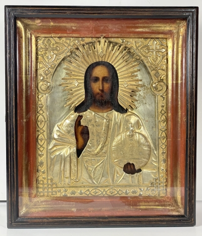 Russian Icon - Christ Pantocrator in gilt metal revetment cover &amp; glass-fronted kiot shadowbox frame