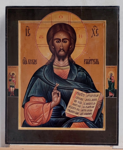 Fine large Russian icon - Christ Pantocrator with St. Michael the Archangel &amp; St. John the Theologian