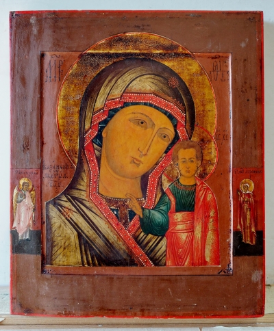 Russian Icon - Our Lady of Kazan with 2 border saints: the Guardian Angel and St. Agrippina of Mineo