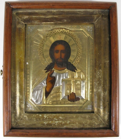 Russian Icon - Christ Pantocrator in brass oklad and kiot shadow frame