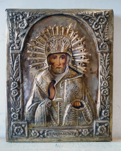 Russian Icon - St. Nicholas of Myra in brass oklad cover