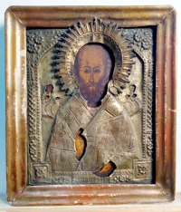 Russian Icon - St. Nicholas the Wonderworker of Myra in brass oklad and kiot frame