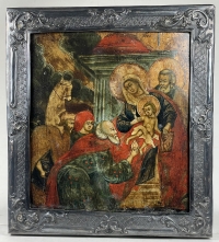18-century Fine Russian Icon - The Adoration of the Magi in silver basma frame