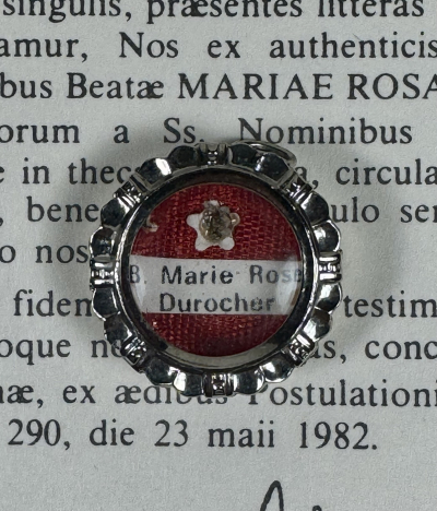 1982 Documented reliquary theca with relic of Canadian Bl. Marie-Rose Durocher, founder of the Sisters of the Holy Names of Jesus and Mary