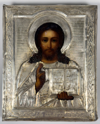 Russian Icon - Christ Pantocrator in silver revetment cover