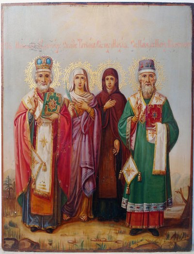 Russian icon depicting four Orthodox Saints: Saint Nicholas, Saint Tatiana, Saint Venerable Mary, and Saint Paul the Archbishop of Constantinople