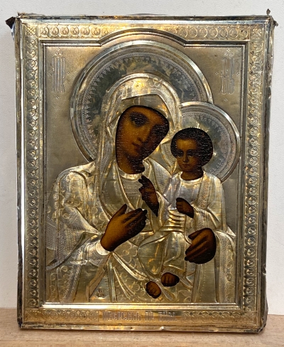 Small Russian Icon - Our Lady of Iveron in silver revetment cover