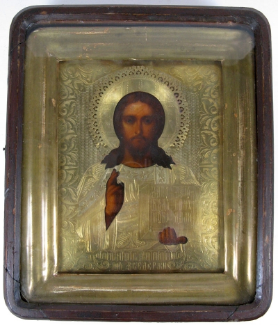 Russian Icon - Christ Pantocrator in brass oklad and kiot shadow frame