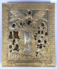 Small Russian Icon - Our Lady of Joy to All Who Sorrow with Coins in gilt brass revetment cover