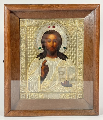 Russian Icon - Christ Pantocrator in brass oklad cover &amp; kiot frame
