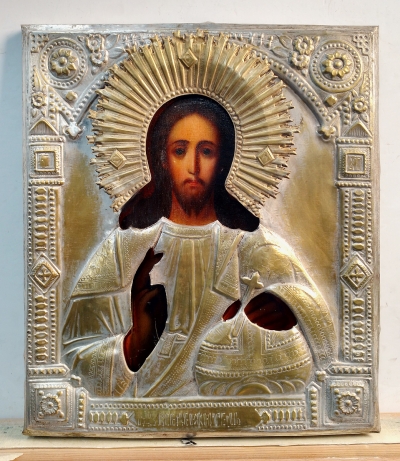 Russian icon - Christ Emmanuel in brass oklad
