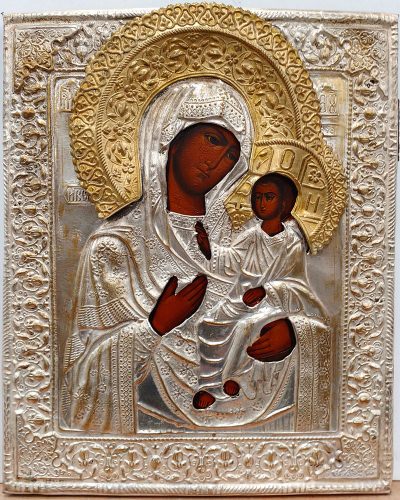 Russian Icon - Our Lady of Iveron in brass oklad cover
