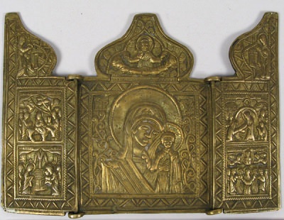 Medium Russian brass 3-panel folding skladen depicting Our Lady of Kazan