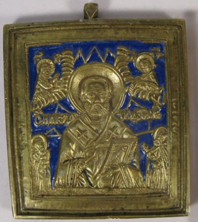 Small Russian Orthodox plaquette icon depicting St. Nicholas the Wonderworker of Myra