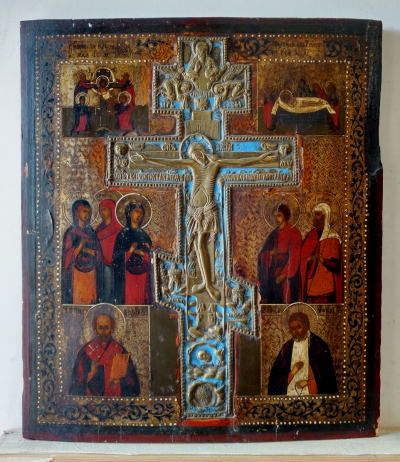 Russian Staurotheke Icon with Crucifixion, Selected Feasts &amp; Saints