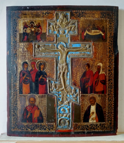 Russian Staurotheke Icon with Crucifixion, Selected Feasts &amp; Saints