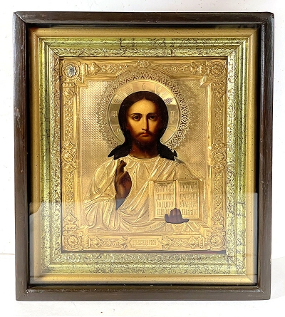 Russian icon - Christ Pantocrator in gilt silver cover and kiot shadow frame