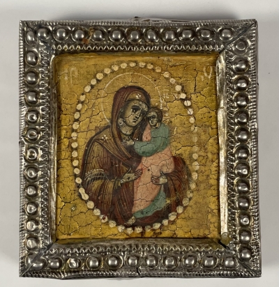 Small Russian Icon - Our Lady of Tolgsk (Tolga) in silver basma frame