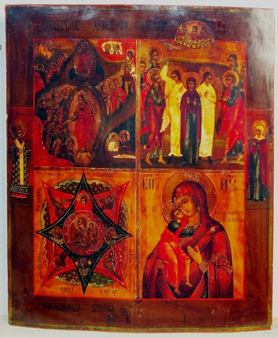 Russian Icon - 4-Panel icon: Descent into the Hades, the Ascension, the Unburnt Bush Madonna and Feodorovskaya Madonna