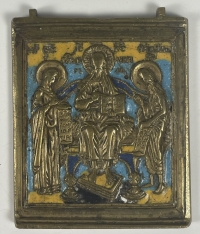 Small Russian Orthodox brass icon of Christ Enthroned (the Deisis)