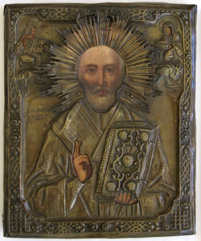 Russian Icon - Saint Nicholas of Myra in brass oklad cover