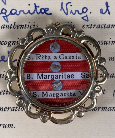 1990 Documented theca with relics of St. Rita of Cascia, Blessed Margherita of Savoy &amp; St. Margaret (Marina) of of Antioch, Martyr