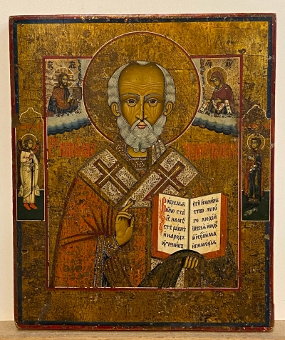 Russian Icon - St. Nicholas the Wonderworker of Myra with two border saints