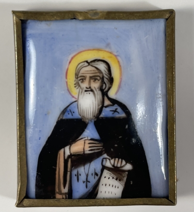 Small Russian Finift Porcelain icon - St. Alexander of Svir