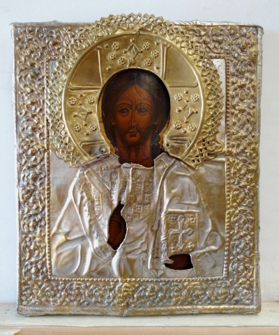 Russian icon - Christ Pantocrator in brass oklad cover