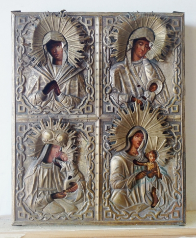 Russian Icon - Four Miracleworking Madonnas in brass oklad cover