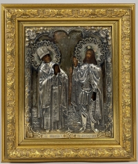 1876 Russian Icon - St. Nicholas of Myra &amp; St. Prince Alexander Nevsky in silver revetment cover