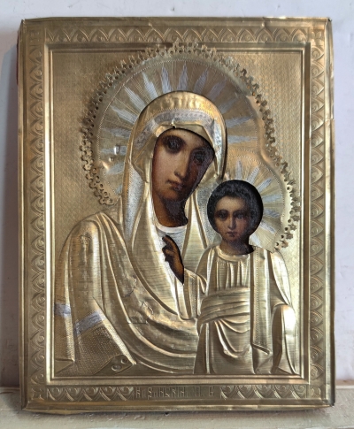 Russian icon - Our Lady of Kazan in gilt silver revetment cover