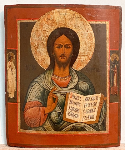 Russian Icon - Christ Pantocrator with 2 border saints