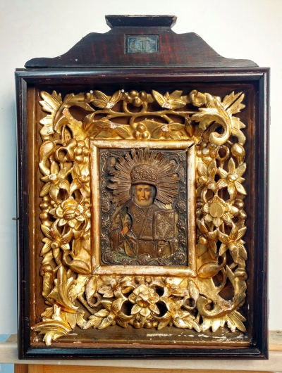 Russian Icon - St. Nicholas the Wonderworker of Myra in brass oklad and kiot