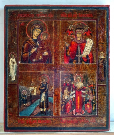 Russian Icon - 4-Part Icon - Our Lady of Tikhvin, St Paraskeva, St Simeon &amp; Joy to All Who Sorrow Mother of God
