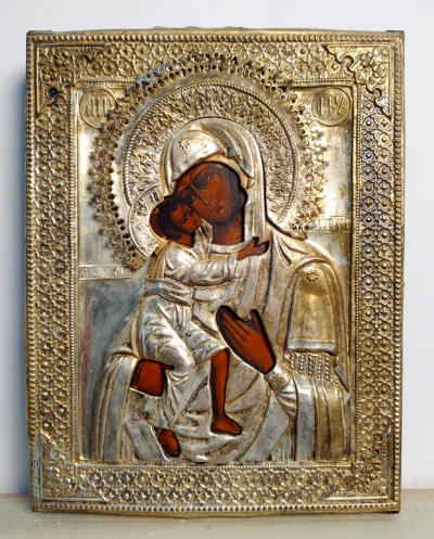 Russian Icon - Feodorovskaya Mother of God in brass oklad revetment cover