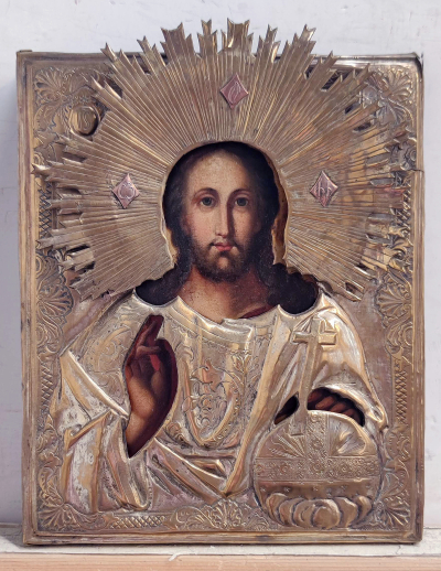 Russian Icon - Christ Pantorcrator in brass revetment cover