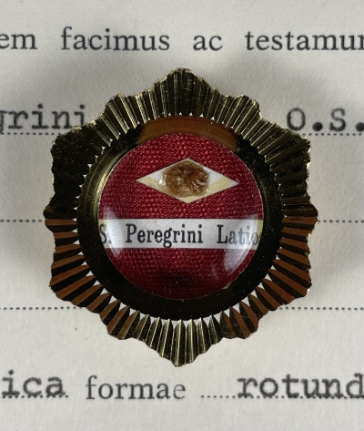 1989 Documented reliquary theca with relic of St. Peregrine Laziosi (Pellegrino Latiosi), patron saint of cancer patients