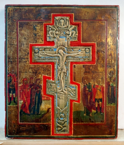 Russian Icon - the Staurotheke icon with brass crucifix