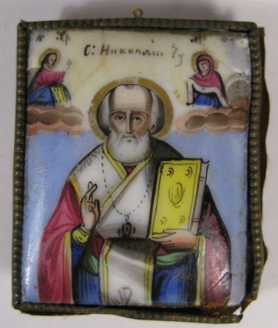 Russian Religious Finift Porcelain Placquette of St. Nicholas, the Wonderworker of Myra