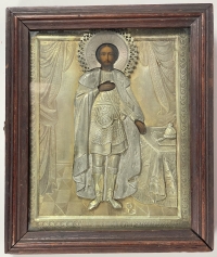 1913 Russian Icon - St. Prince Alexander Nevsky in silver revetment cover and kiot shadowbox frame