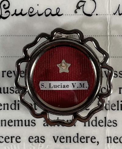 1968 documented theca with relics of St. Lucia (Lucy), Martyr of Syracuse, Patron of the Blind and Writers