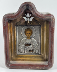Russian Icon - St. Panteleimon (Pantaleon) in silver revetment cover and kiot frame