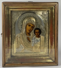 Russian icon - Our Lady of Kazan in silver oklad &amp; kiot shadowbox frame